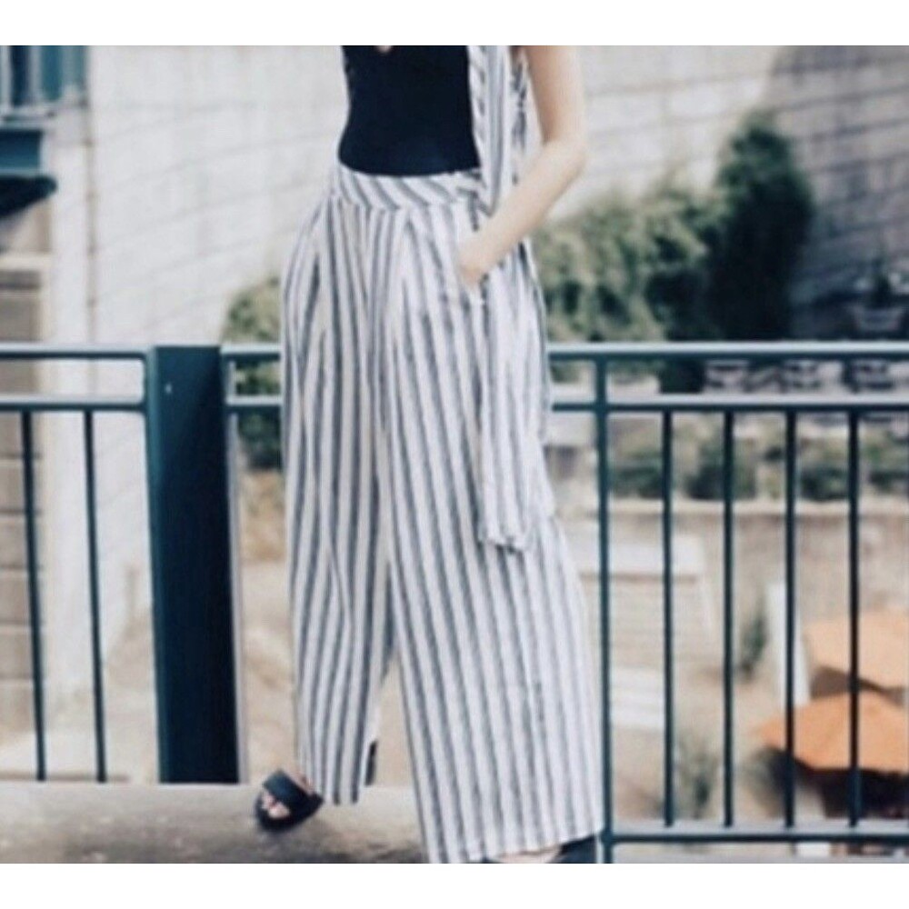 Free People White Blue Striped Wide-Leg Tuxedo Pants Womens sz M High Rise